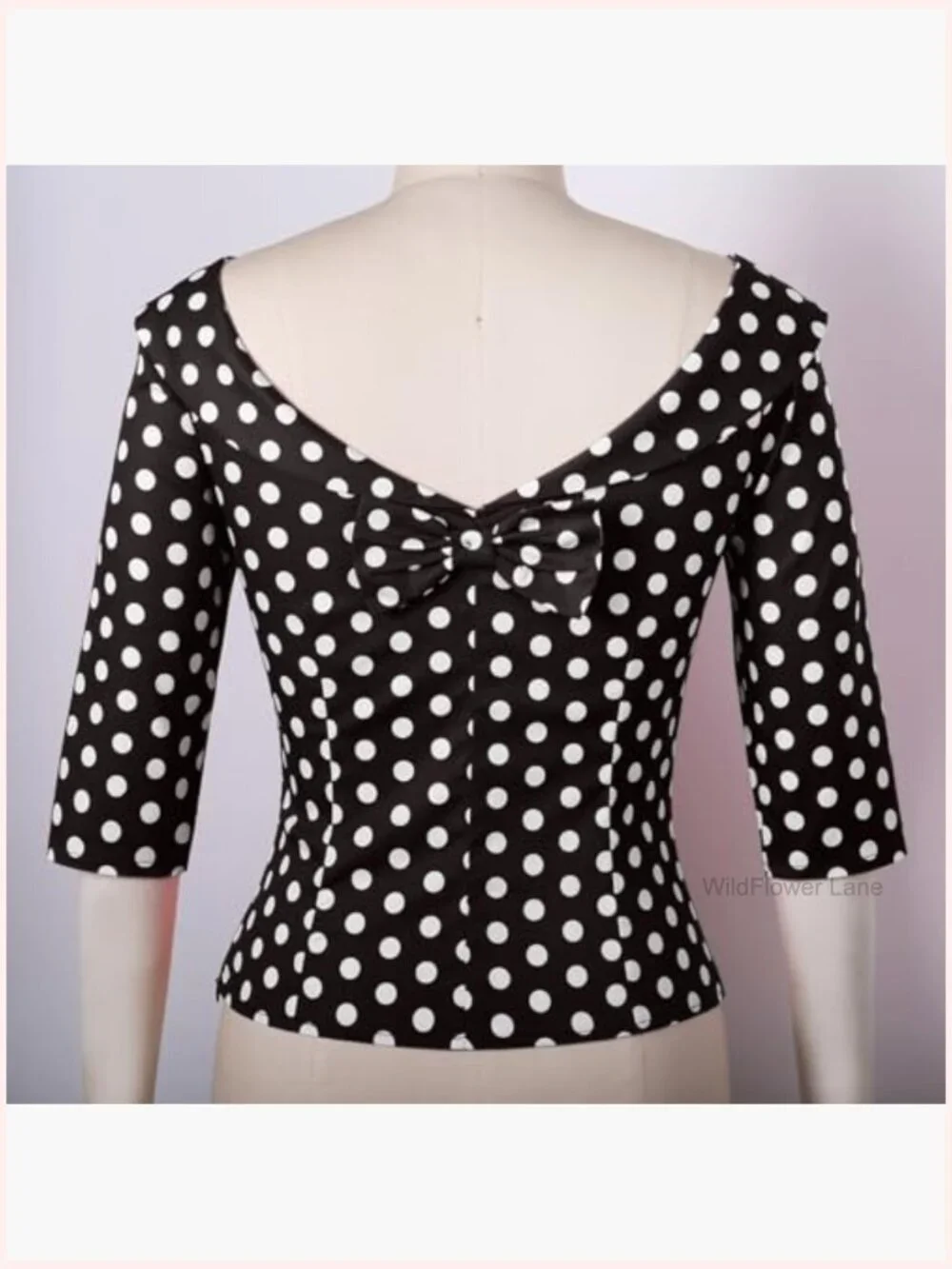 Vintage Pinup Blouse with Back Bow Tie, Medium Sleeves Boat Neck Cotton Top